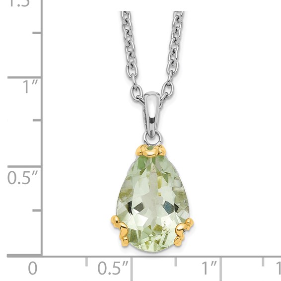 Brilliant Gemstones Sterling Silver with 14K Accent Rhodium-plated Green Quartz 18 Inch Necklace with 2 Inch Extender