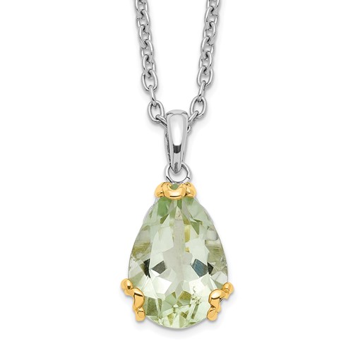 Brilliant Gemstones Sterling Silver with 14K Accent Rhodium-plated Green Quartz Necklace with 2 Inch Extender, 18"