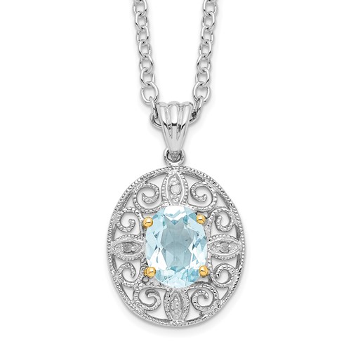Brilliant Gemstones Sterling Silver with 14K Accent Rhodium-plated Sky Blue Topaz and Diamond Necklace with 2 Inch Extender, 18"