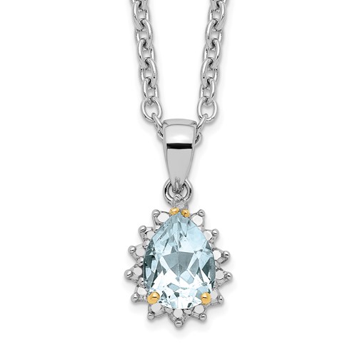 Brilliant Gemstones Sterling Silver with 14K Accent Rhodium-plated Sky Blue Topaz and Diamond Necklace with 2 Inch Extender, 18"