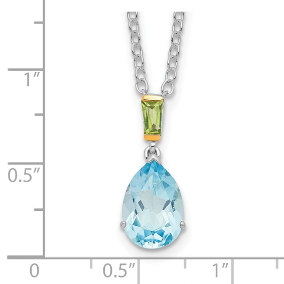 Brilliant Gemstones Sterling Silver with14K Accent Rhodium-plated Sky Blue Topaz and Peridot 18 Inch Necklace with 2 Inch Extender