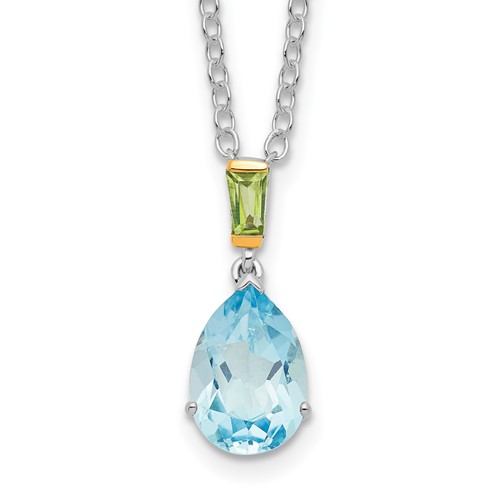 Brilliant Gemstones Sterling Silver with 14K Accent Rhodium-plated Sky Blue Topaz and Peridot Necklace with 2 Inch Extender, 18"