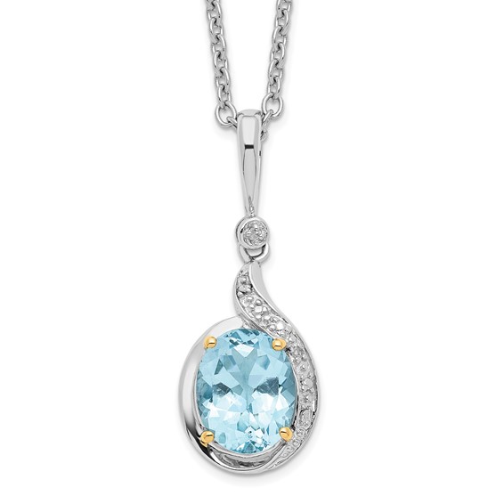 Brilliant Gemstones Sterling Silver with 14K Accent Rhodium-plated Sky Blue Topaz and Diamond 18 Inch Necklace with 2 Inch Extender