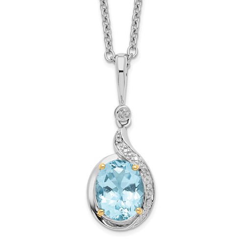 Brilliant Gemstones Sterling Silver with 14K Accent Rhodium-plated Sky Blue Topaz and Diamond Necklace with 2 Inch Extender, 18"