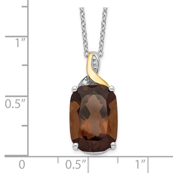 Brilliant Gemstones Sterling Silver with 14K Accent Rhodium-plated Smoky Quartz and Diamond 18 Inch Necklace with 2 Inch Extender