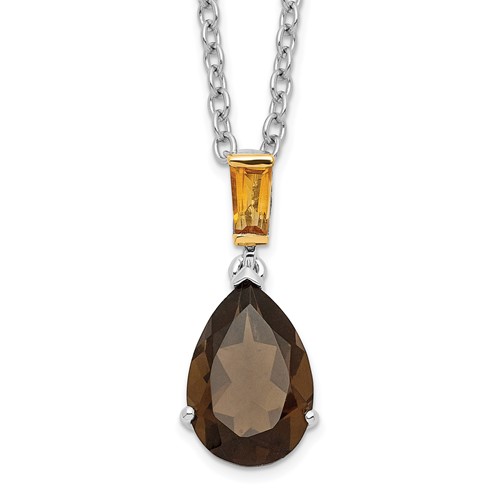 Brilliant Gemstones Sterling Silver Necklace with 14K Accent Rhodium-plated Smoky Quartz and Citrine