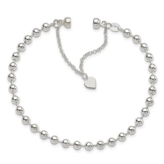 Sterling Silver Polished 4MM Beaded Dangling Heart 7.5 inch Charm Bracelet with Magnetic Clasp