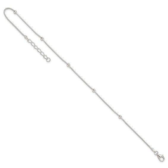 Sterling Silver Beads 5-Station 9 inch Plus 1.5 inch Extender - Total 10.5 inch Anklet