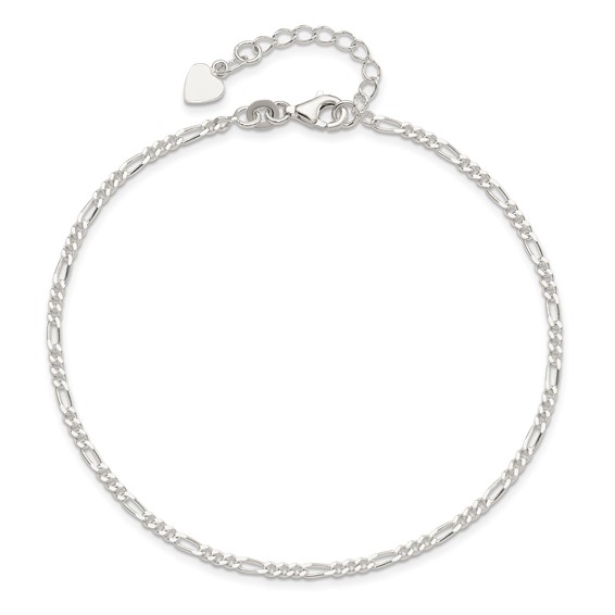 Sterling Silver Figaro Chain 10 inch Plus 1 inch Extender - Total 11 inch Anklet
