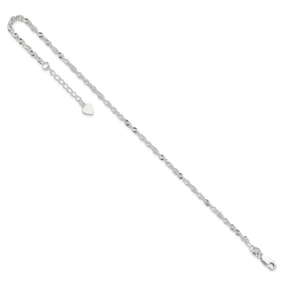 Sterling Silver 3mm Singapore Chain 8 inch Plus 1 inch Extender - Total 9 inch Anklet