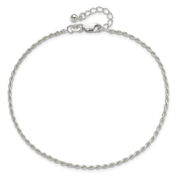 Sterling Silver 2mm Rope Chain 10 inch Plus 1 inch Extender - Total 11 inch Anklet