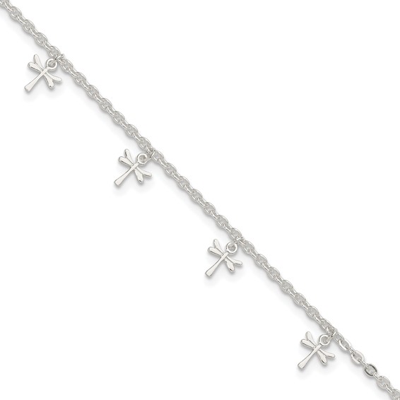 Sterling Silver Dragonfly Charms 9 inch Plus 1 inch Extender - Total 10 inch Anklet