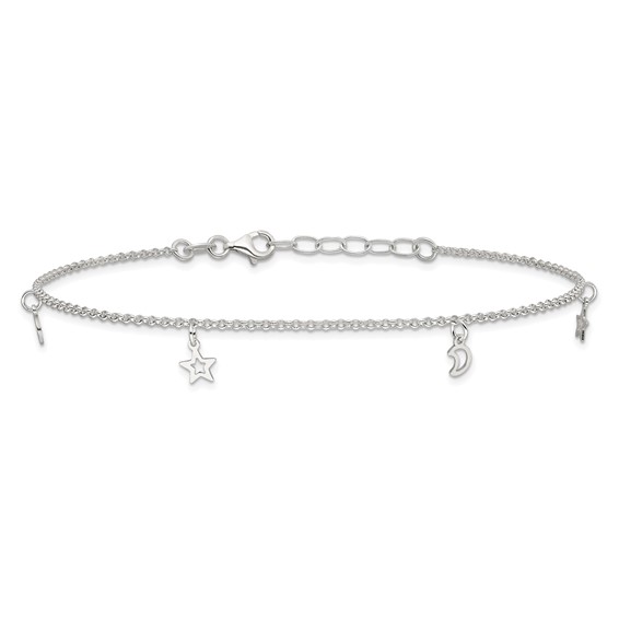 Sterling Silver Moon and Stars 9 inch Plus 1 inch Extender - Total 10 inch Anklet