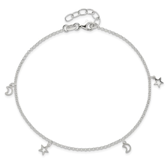 Sterling Silver Moon and Stars 9 inch Plus 1 inch Extender - Total 10 inch Anklet