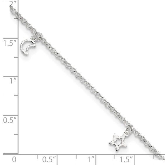 Sterling Silver Moon and Stars 9 inch Plus 1 inch Extender - Total 10 inch Anklet