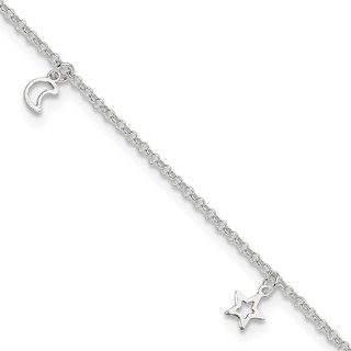 Sterling Silver Moon and Stars 9 inch Plus 1 inch Extender - Total 10 inch Anklet