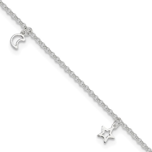 Sterling Silver Moon and Stars Plus 1 Inch Extender - Total 10 Inch Anklet, 9"