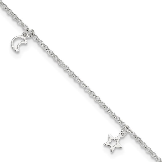 Sterling Silver Moon and Stars 9 inch Plus 1 inch Extender - Total 10 inch Anklet