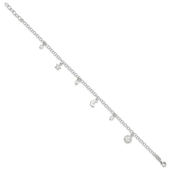 Sterling Silver Sun/Moon/Star/Crystal 9 inch Plus 1 inch Extender - Total 10 inch Anklet
