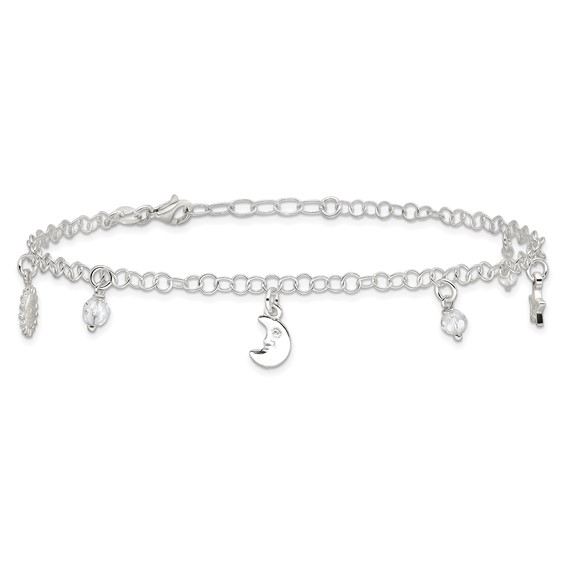 Sterling Silver Sun/Moon/Star/Crystal 9 inch Plus 1 inch Extender - Total 10 inch Anklet