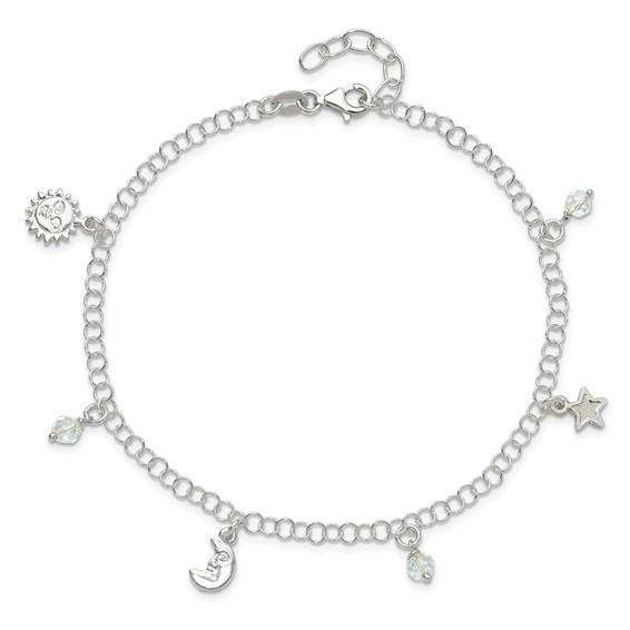 Sterling Silver Sun/Moon/Star/Crystal 9 inch Plus 1 inch Extender - Total 10 inch Anklet