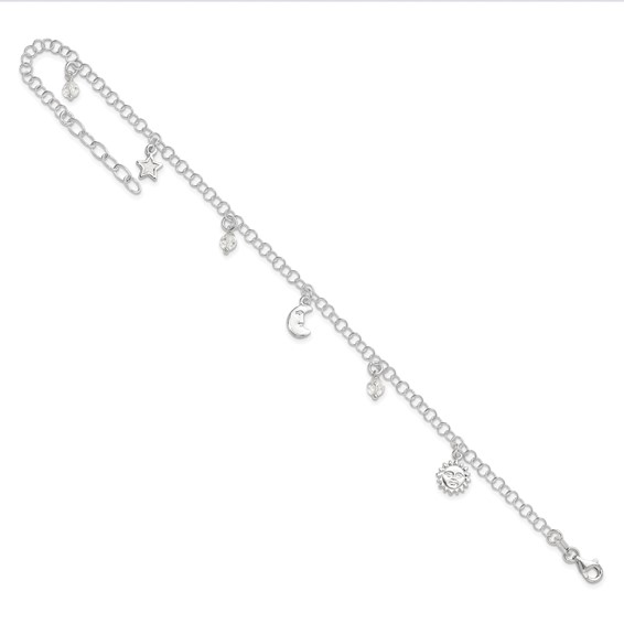 Sterling Silver Sun/Moon/Star/Crystal 9 inch Plus 1 inch Extender - Total 10 inch Anklet