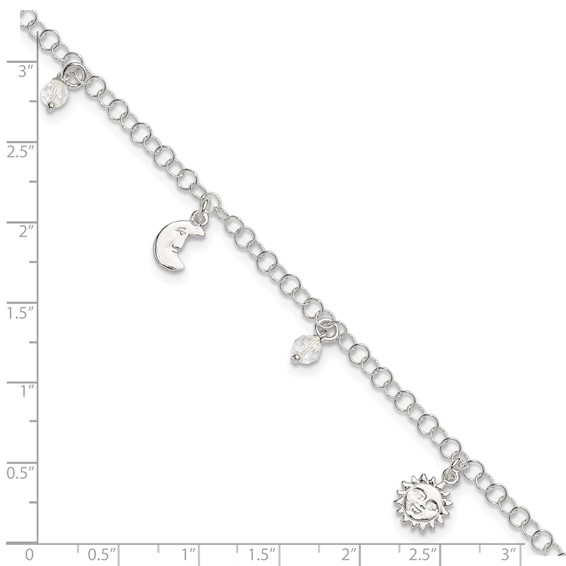 Sterling Silver Sun/Moon/Star/Crystal 9 inch Plus 1 inch Extender - Total 10 inch Anklet