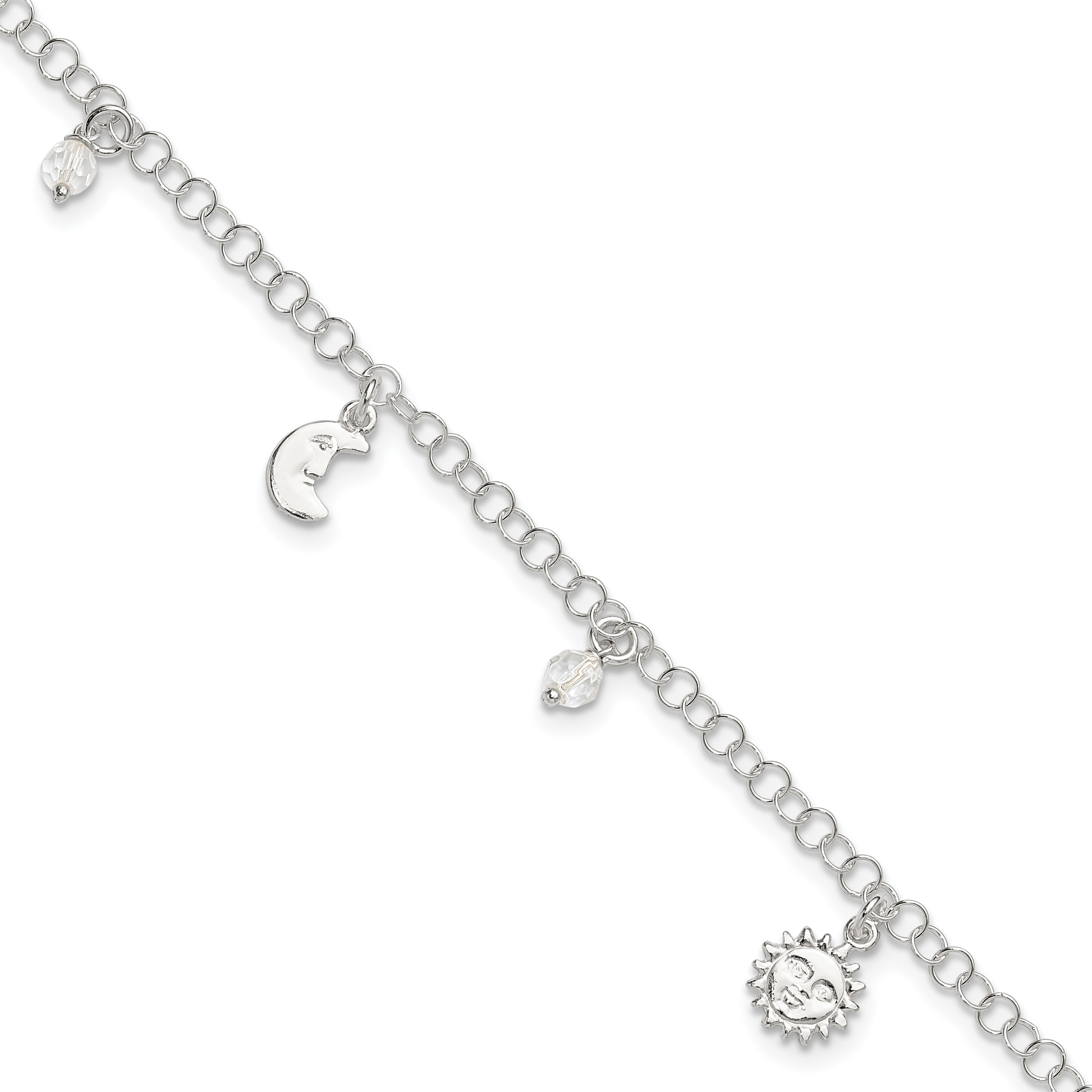 Sterling Silver Sun Moon Stars and Crystals 10in Plus 1in ext. Anklet (QG2777-10)