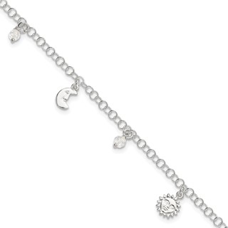 Sterling Silver Sun/Moon/Star/Crystal 9 inch Plus 1 inch Extender - Total 10 inch Anklet
