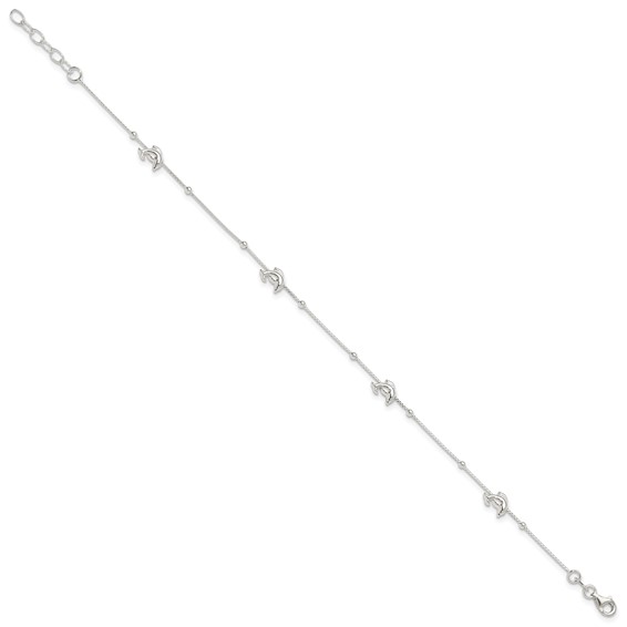 Sterling Silver Dolphins and Beads 4-Station 10 inch Plus 1 inch Extender - Total 11 inch Anklet