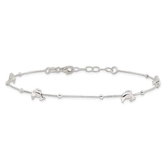 Sterling Silver Dolphins and Beads 4-Station 10 inch Plus 1 inch Extender - Total 11 inch Anklet