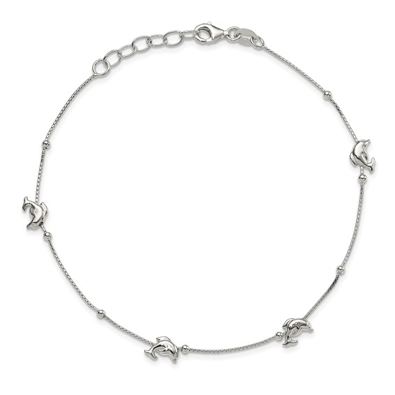 Sterling Silver Dolphins and Beads 4-Station 10 inch Plus 1 inch Extender - Total 11 inch Anklet