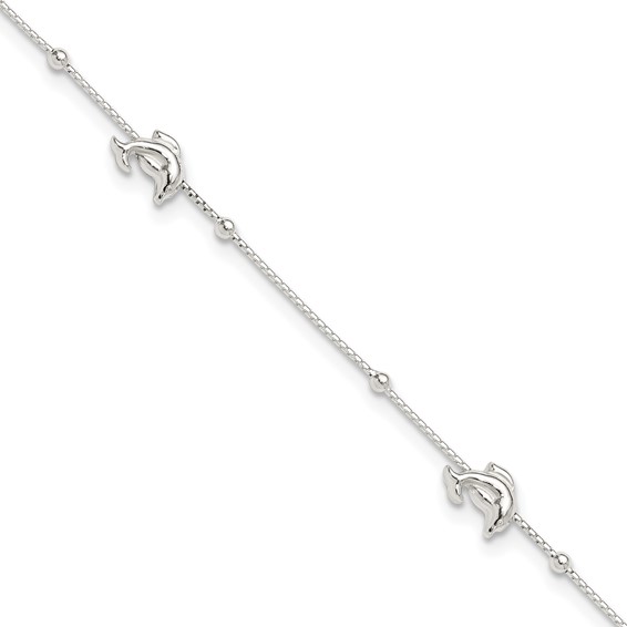Sterling Silver Dolphins and Beads 4-Station 10 inch Plus 1 inch Extender - Total 11 inch Anklet