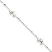 Sterling Silver Dolphins and Beads 4-Station Plus 1 Inch Extender - Total 10 Inch Anklet, 9" view 1