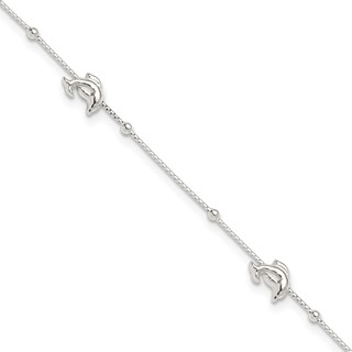 Sterling Silver Dolphins and Beads 4-Station 9 inch Plus 1 inch Extender - Total 10 inch Anklet