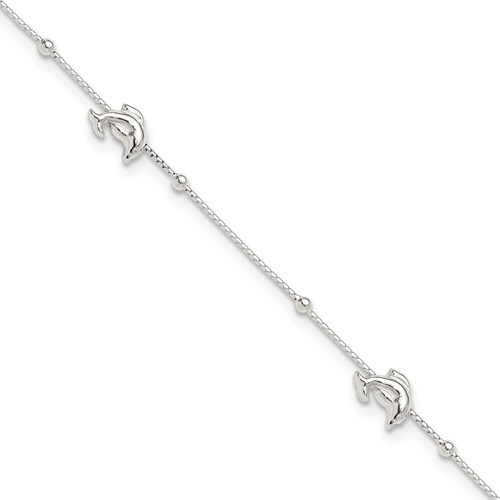 Sterling Silver Dolphins and Beads 4-Station Plus 1 Inch Extender - Total 10 Inch Anklet, 9"