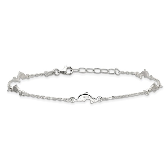 Sterling Silver Dolphin 5-Station 10 inch Plus 1 inch Extender - Total 11 inch Anklet