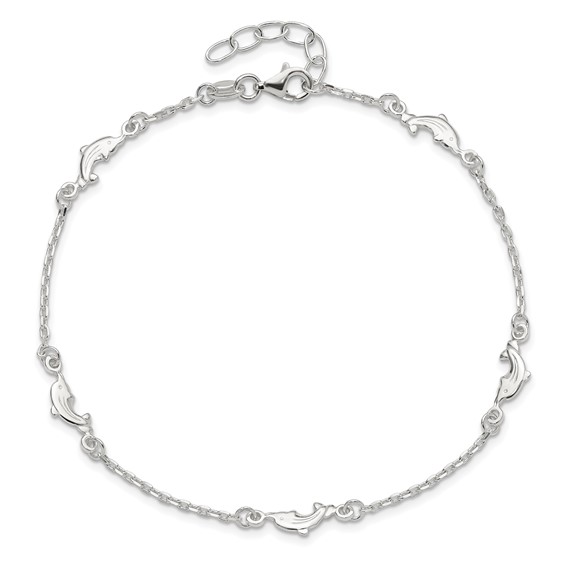 Sterling Silver Dolphin 5-Station 10 inch Plus 1 inch Extender - Total 11 inch Anklet