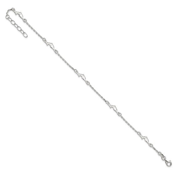 Sterling Silver Dolphin 5-Station 9 inch Plus 1 inch Extender - Total 10 inch Anklet