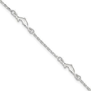 Sterling Silver Dolphin 5-Station 9 inch Plus 1 inch Extender - Total 10 inch Anklet