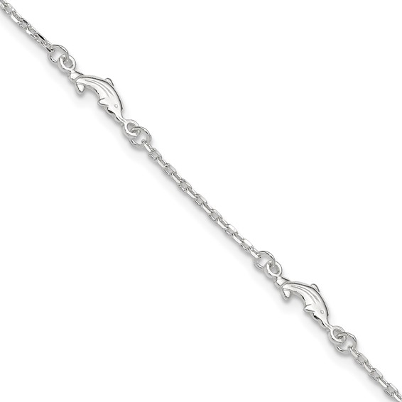 Sterling Silver Dolphin 5-Station 9 inch Plus 1 inch Extender - Total 10 inch Anklet