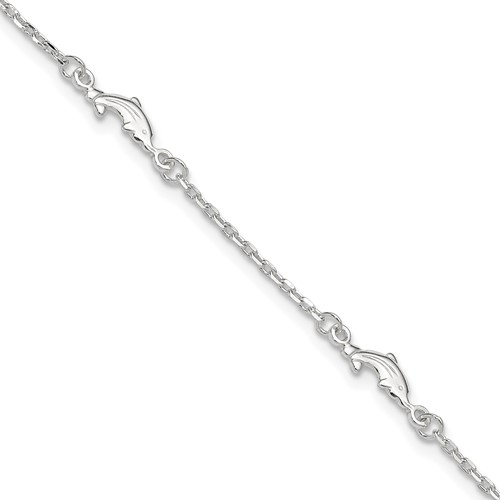 Sterling Silver Dolphin 5-Station Plus 1 Inch Extender - Total 10 Inch Anklet, 9"