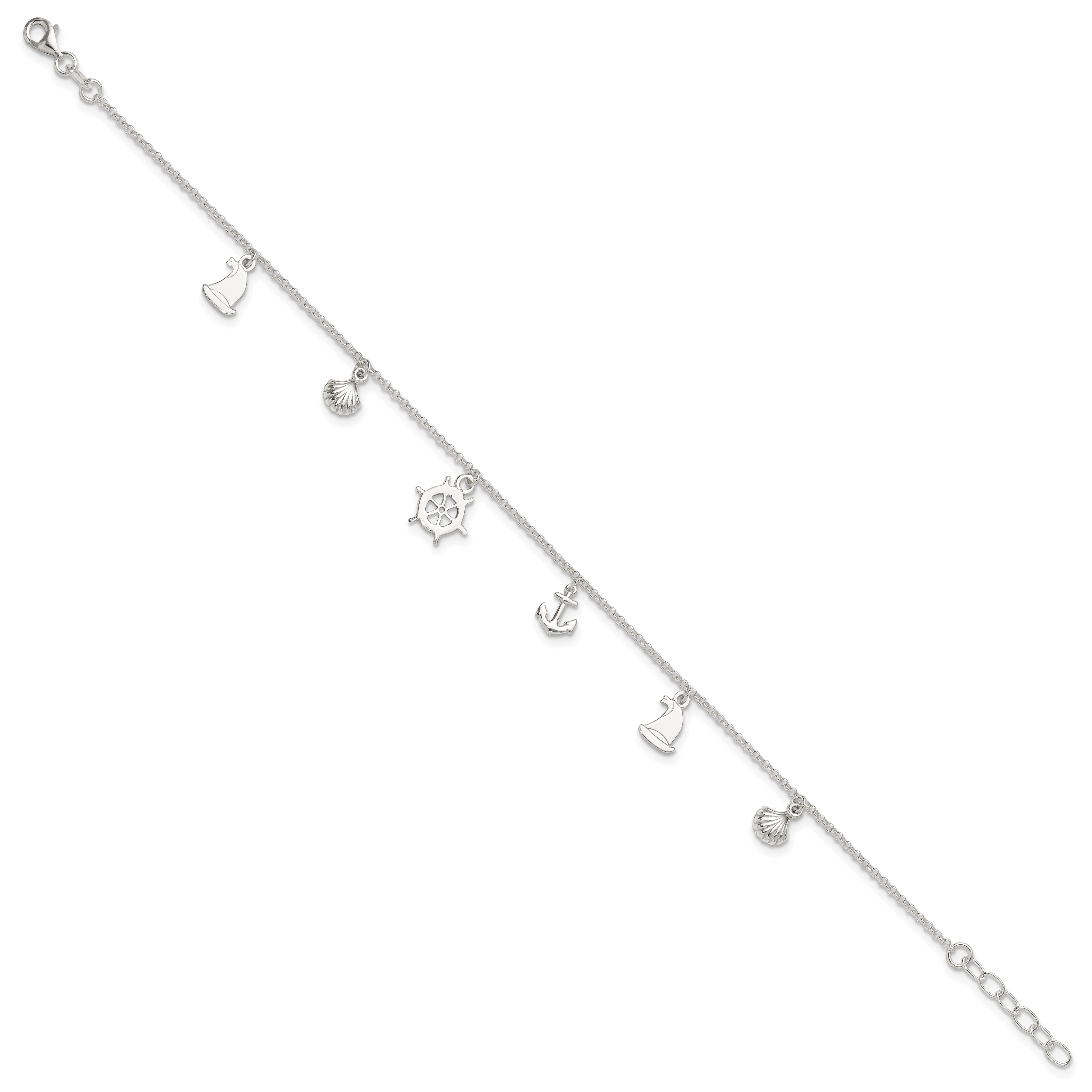 Sterling Silver Polished Ocean Theme 9in Plus 1in Ext. Anklet (QG2784-9)