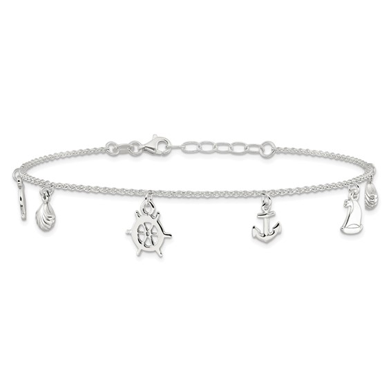 Sterling Silver Ocean Theme Charms 9 inch Plus 1 inch Extender - Total 10 inch Anklet