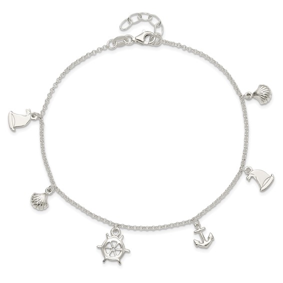 Sterling Silver Ocean Theme Charms 9 inch Plus 1 inch Extender - Total 10 inch Anklet