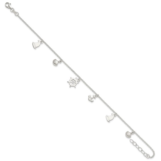 Sterling Silver Ocean Theme Charms 9 inch Plus 1 inch Extender - Total 10 inch Anklet