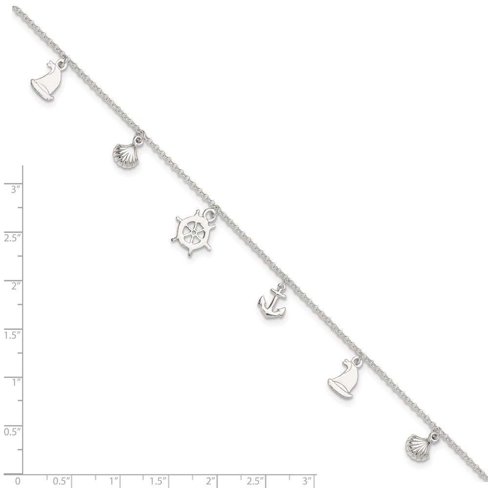 Sterling Silver Polished Ocean Theme 9in Plus 1in Ext. Anklet (QG2784-9)