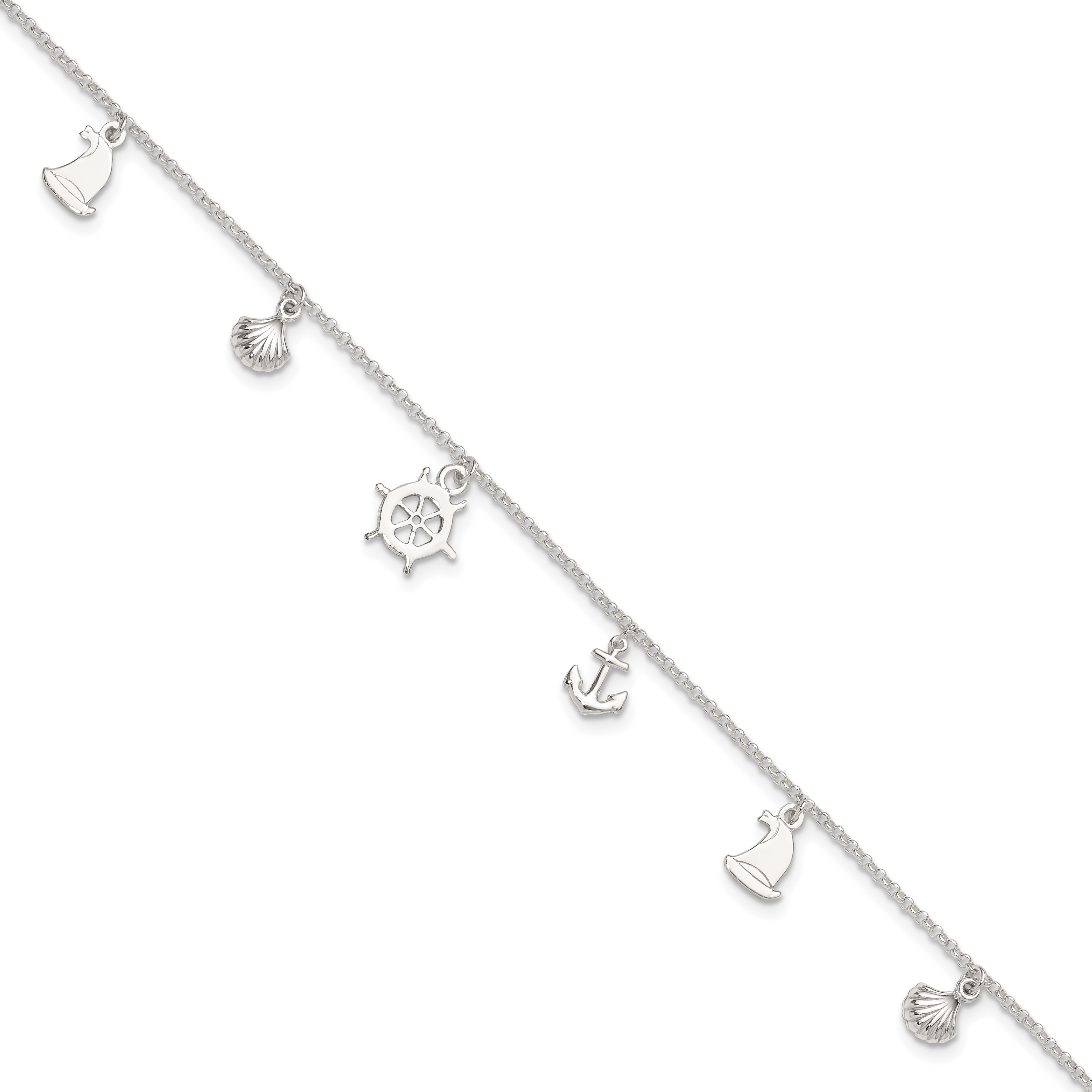 Sterling Silver Polished Ocean Theme 10in Plus 1in Ext. Anklet (QG2784-10)