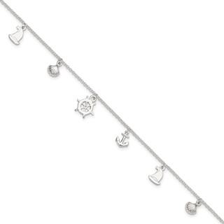 Sterling Silver Ocean Theme Charms 9 inch Plus 1 inch Extender - Total 10 inch Anklet