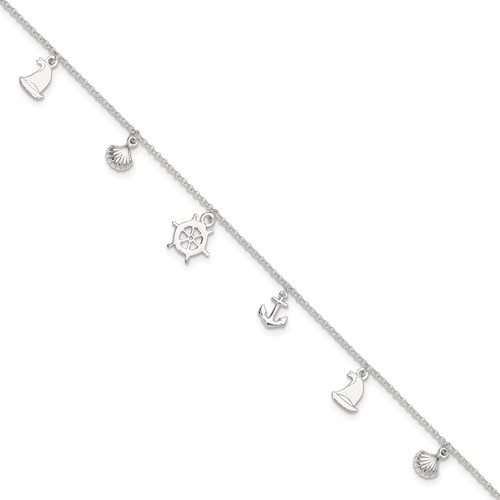 Sterling Silver Ocean Theme Charms Plus 1 Inch Extender - Total 10 Inch Anklet, 9"